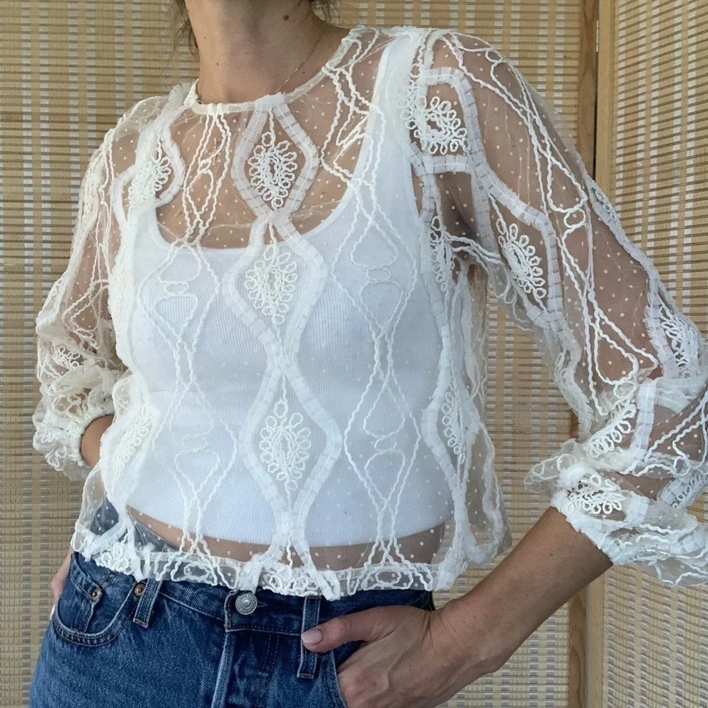 Zara white sheer lace boho long sleeve top, size Small
